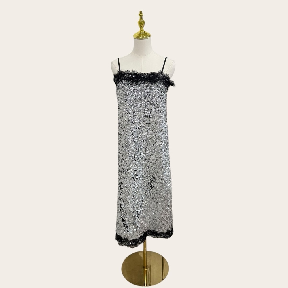 Gianni Bini Lilly Sisto Allegra Silver Sequin Dress Lace Trim Square Neck Party - Picture 5 of 16